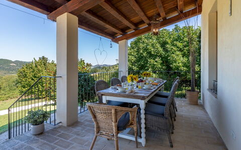 Casale la Cascina 8: Furniture, Chair, Table, Kitchen & Dining Room Table, Outdoor Furniture, Outdoor Table, Dining Room, Shade, Wood Stain, Coffee Table