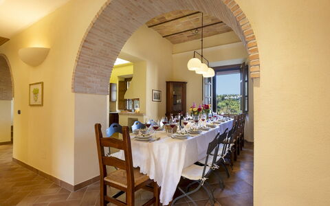 Villa Cusano 18: Furniture, Interior Design, Wall, Ceiling, Table, Chair, Kitchen & Dining Room Table, Dining Room, Flooring, Room