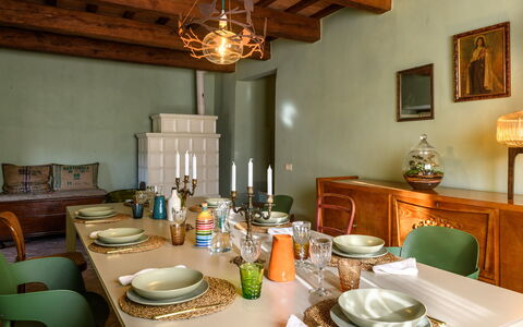 Dimora dei Sogni 7+1: Furniture, Interior Design, Wall, Wood, Ceiling, Dining Room, Table, Light Fixture, Flooring, Kitchen & Dining Room Table