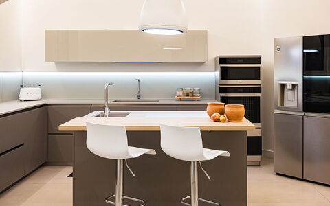 Villa Giulia 8: Furniture, Interior Design, Kitchen, Cabinetry, Countertop, Kitchen Appliance, Flooring, Wood, Light Fixture, Home Appliance