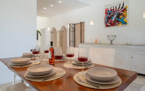 Villa Corte Sant'Anna 6+2: Furniture, Interior Design, Table, Kitchen & Dining Room Table, Flooring, Tableware, Chair, Dining Room, Lighting, Floor