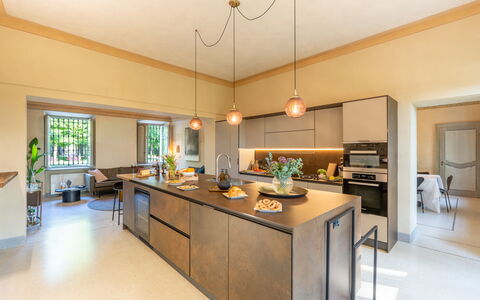 Tenuta Schiavon Barrero 12: Kitchen, Interior Design, Countertop, Furniture, Flooring, Light Fixture, Ceiling, Cabinetry, Wood, Kitchen Appliance