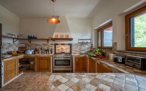 Villa Il Ritiro 8: Kitchen, Countertop, Flooring, Interior Design, Wood, Kitchen Appliance, Floor, Furniture, Ceiling, Cabinetry