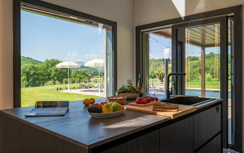 Villa Mamon 6+2: Interior Design, Furniture, Home, Flooring, Kitchen & Dining Room Table, Countertop, Kitchen, Chair, Houseplant, Wood Stain