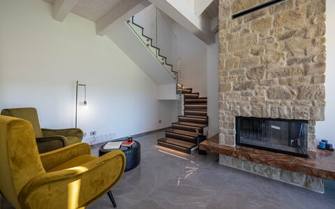 Villa Mamon 6+2: Flooring, Interior Design, Floor, Ceiling, Lighting, Living Room, Room, Stone Wall, Couch