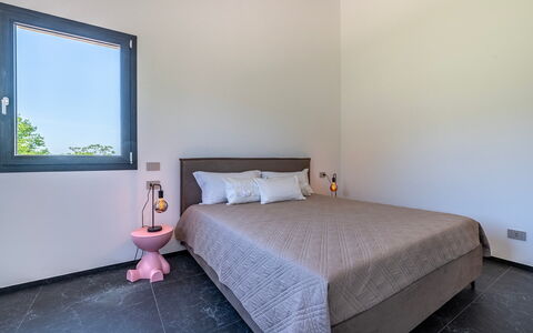 Villa Mamon 6+2: Bed, Bedroom, Interior Design, Floor, Flooring, Lighting, Home, Room, Furniture, Bed Sheet
