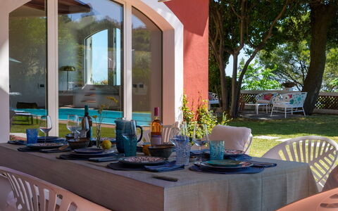 Villa Fiola 8: Furniture, Chair, Table, Kitchen & Dining Room Table, Outdoor Furniture, Resort, Outdoor Table, Restaurant, Shade, Dining Room