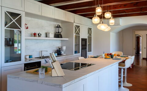 Villa Fiola 8: Furniture, Interior Design, Kitchen, Flooring, Countertop, Light Fixture, Wood, Ceiling, Floor, Cabinetry