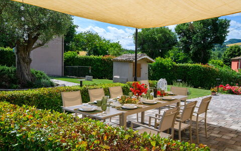 Villa Isola 8+2: Furniture, Outdoor Furniture, Table, Shade, Garden, Chair, Outdoor Table, Backyard, Patio, Lawn