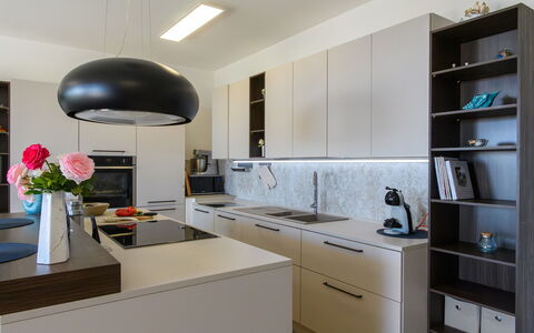 Villa Alma 8+2: Furniture, Kitchen, Countertop, Interior Design, Kitchen Appliance, Cabinetry, Flooring, Light Fixture, Floor, Wood
