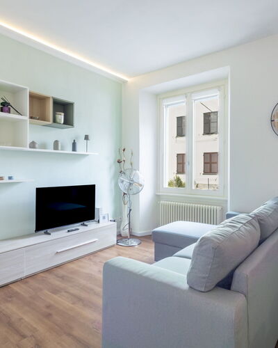 Genzianella Alpine Apartment: Flooring, Floor, Ceiling, Interior Design, Countertop, Kitchen, Cabinetry, Room, Major Appliance, Light Fixture