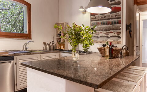 Casa Dei Lentischi: Kitchen, Countertop, Furniture, Interior Design, Kitchen Appliance, Cabinetry, Wood, Flooring, Light Fixture, Lighting
